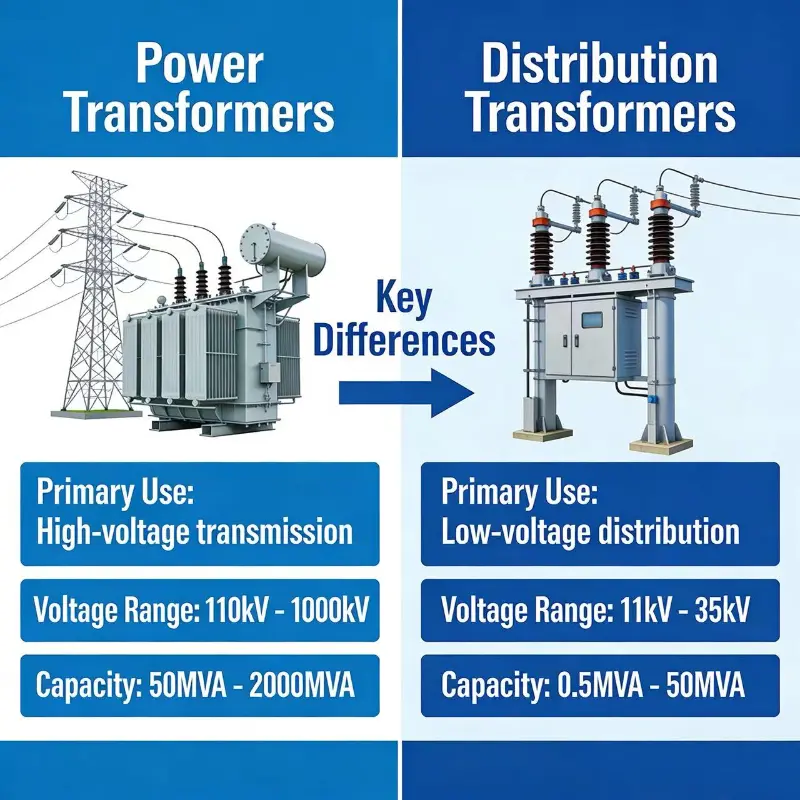 Jaký je rozdíl mezi napájecím transformátorem a distribučním transformátorem?